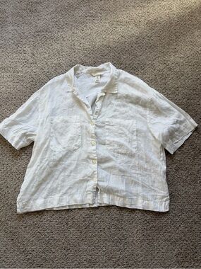 H&M Boxy Linen Button Down Top White Cropped Large
